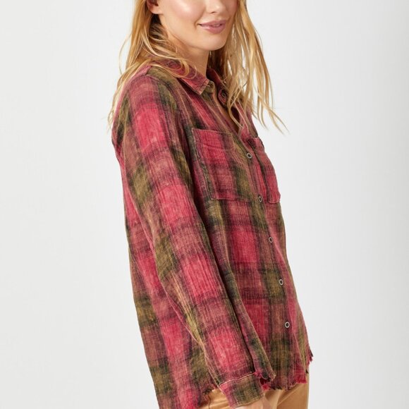 MYSTREE Plaid Button-Up Flannel Shirt, Red Olive Check Long Sleeve Top - Picture 6 of 8
